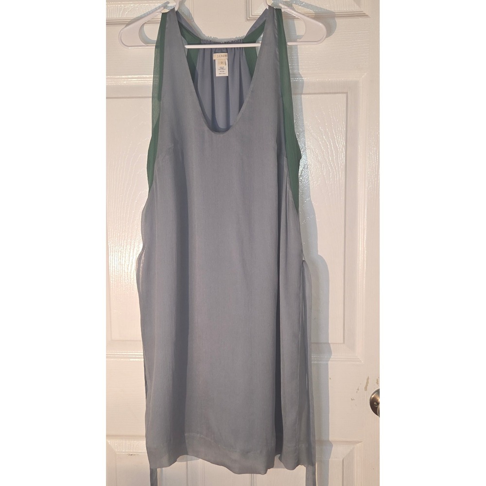 J.Crew 100% Silk V-Neck Mini Dress Blue Green Sleeveless Belted Size 2 RN77388